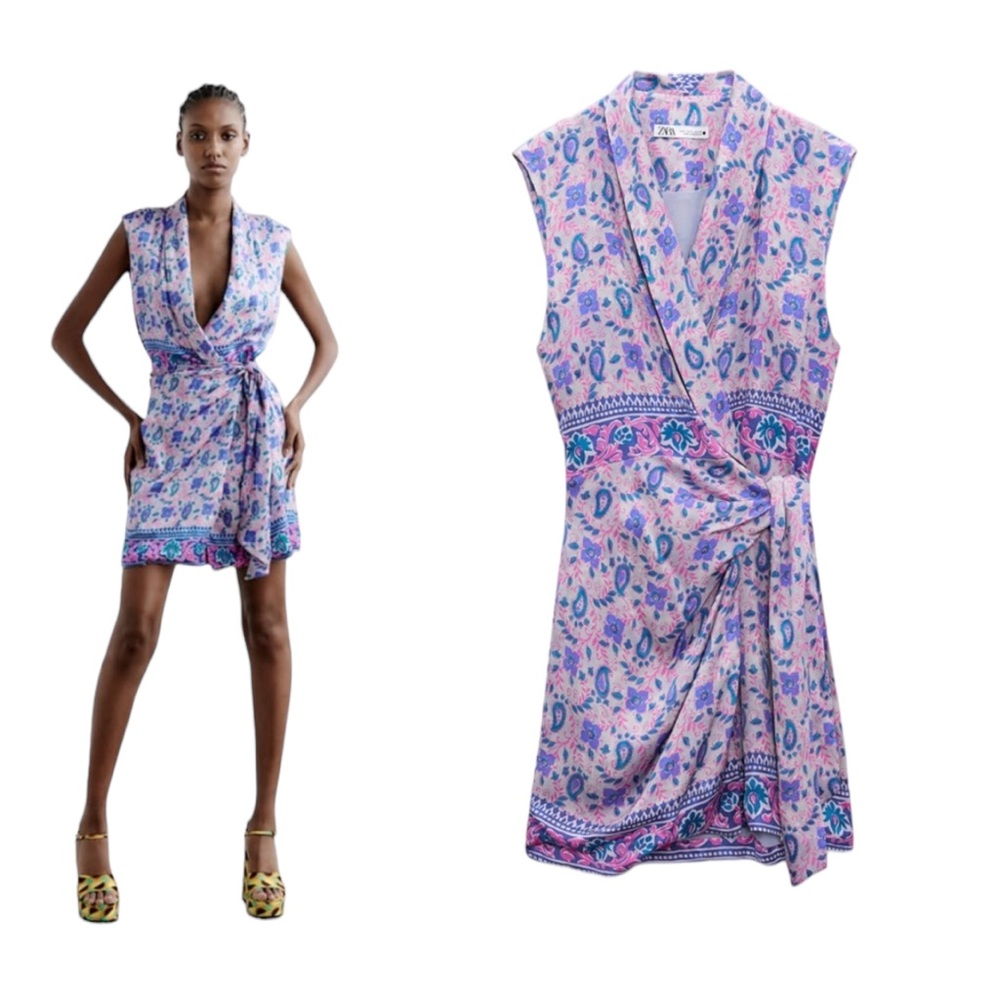 Zara Print Satin Effect Wrap Summer Mini Dress